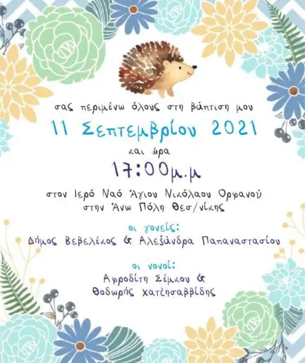Προσκλητήριο Βάπτισης Σκαντζόχοιρος 2